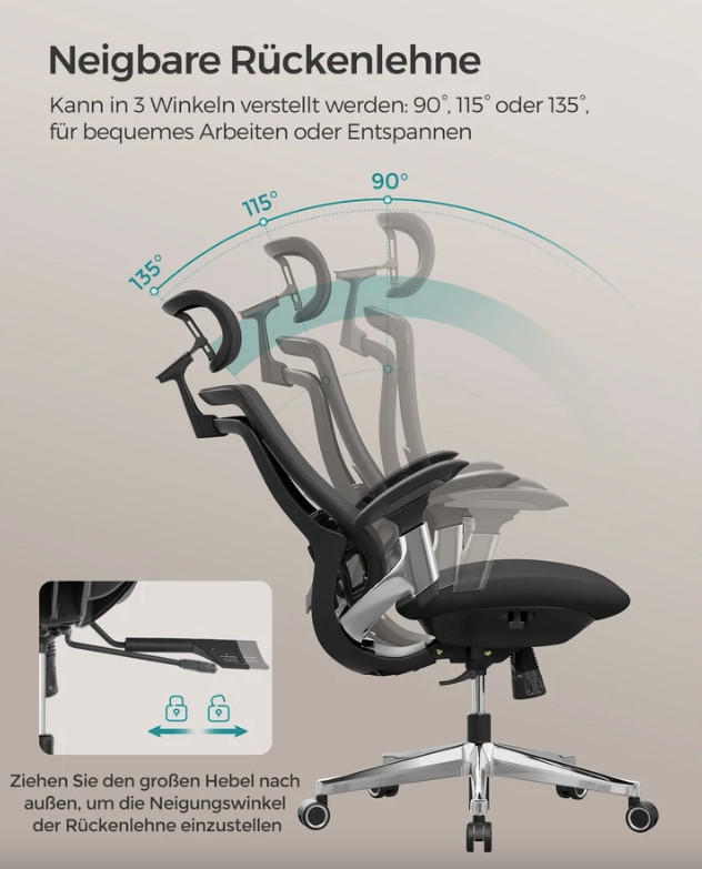 SONGMICS Ergonomikus irodai szék állítható fejtámlával és deréktámaszokkal, 135°-os dőlés, max. 150 kg, 70x70x125 cm, fekete